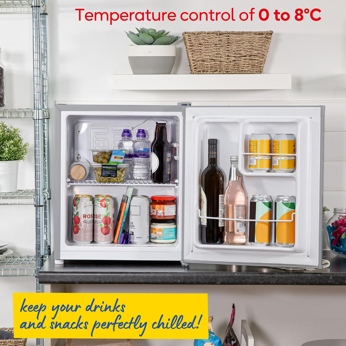 Russell Hobbs Table Top Larder Mini Fridge 66L Capacity, Reversible Door & Adjustable Feet, 0 to 8 Degrees Manual Temperature Control, Silver RH67TTLF0E1SS