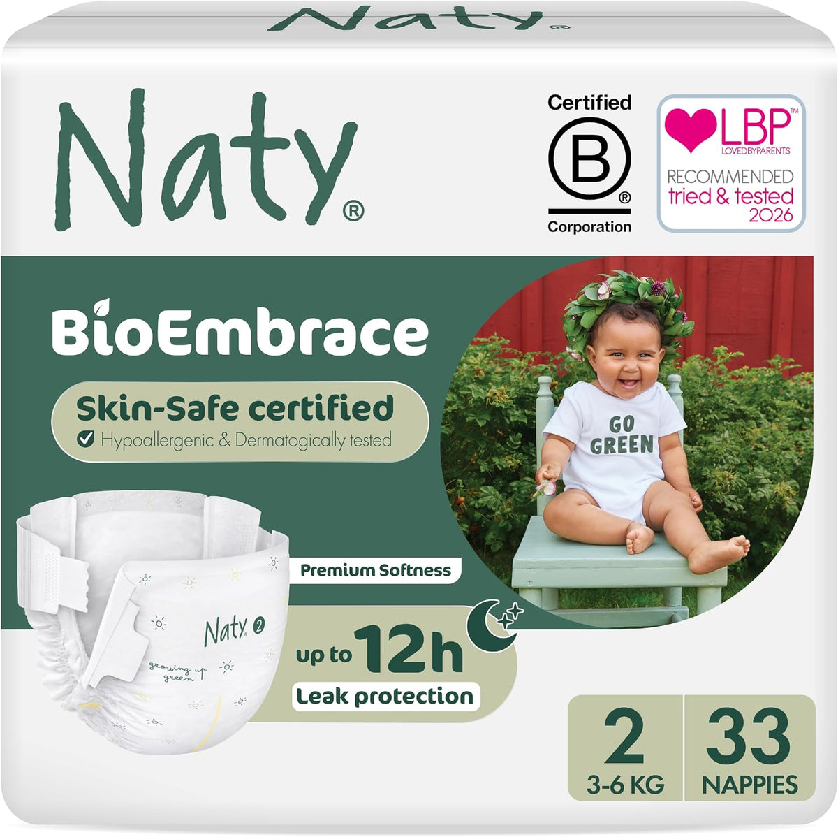 Naty BioEmbrace Newborn Nappies, Sensitive Skin, Size 2 (3–6kg), 33 Count