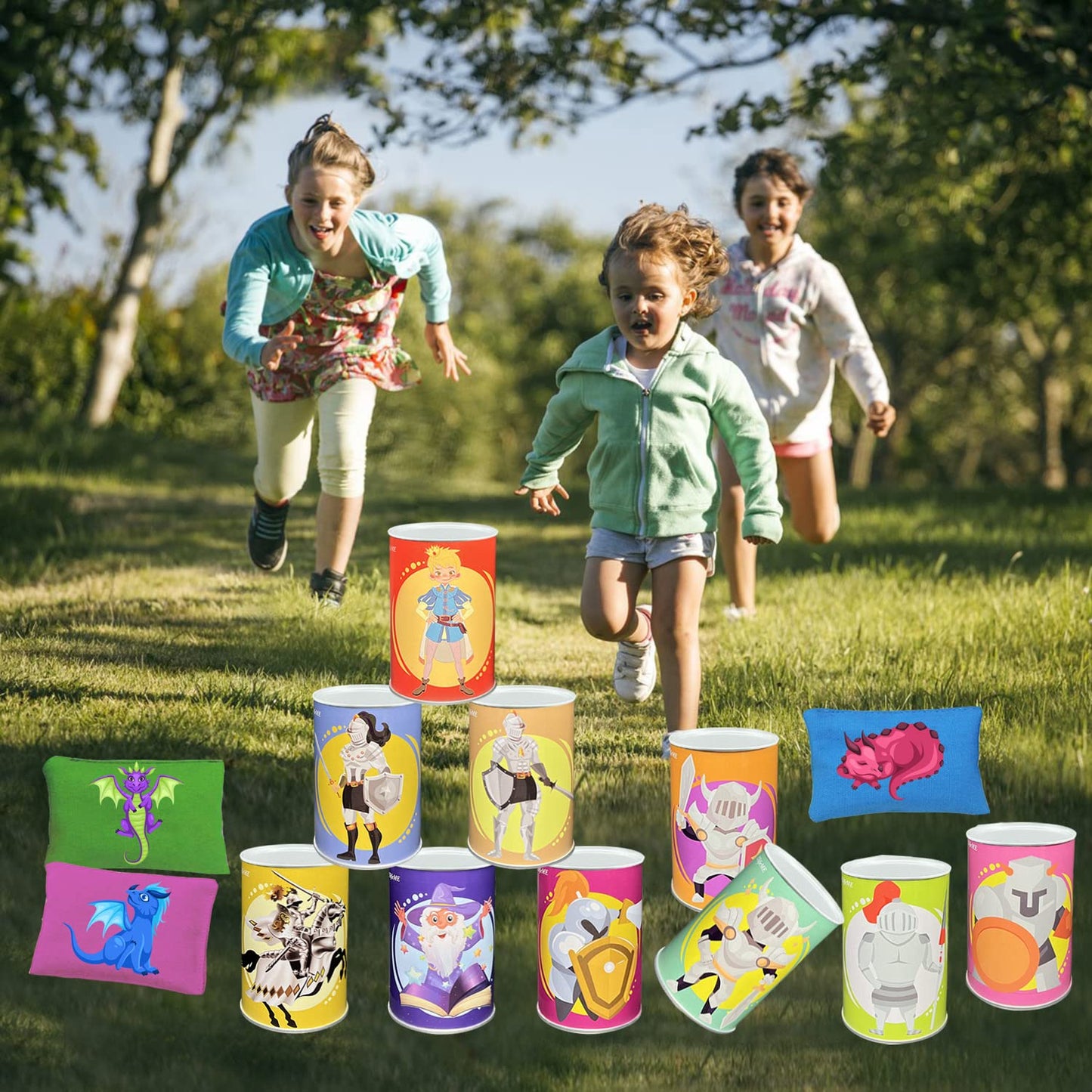 Tin Can Alley Game, Outdoor Garden Target Shooting Fairground Games for Kids & Children, Garden Party Toys Gift for Boys & Girls: 10pcs Fun Smile Knock Down Tin Cans and 3pcs Beanbags
