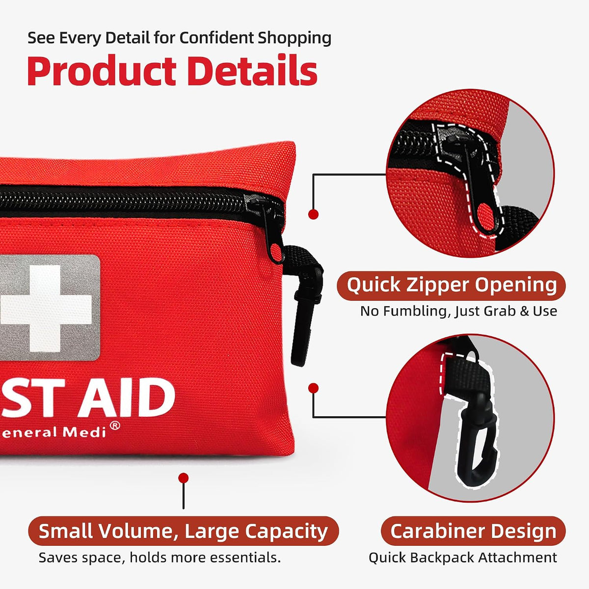 General Medi Mini First Aid Kit, 92 Pieces Small First Aid Kit - Includes Emergency Foil Blanket, Scissors for Travel, Home, Office, Vehicle, Camping, Workplace & Outdoor (Red)
