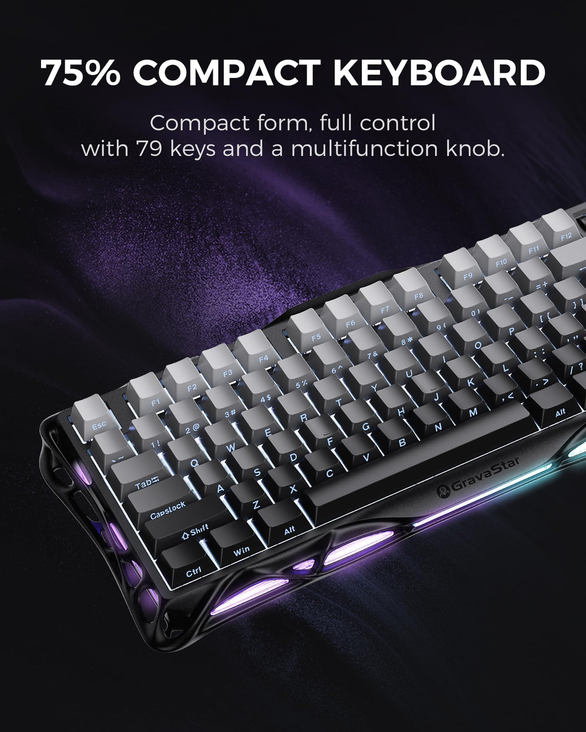GravaStar Mercury K1 Mechanical Keyboard with Aluminium Frame, 75% Wireless Gaming Keyboard, Hot Swap Custom Keyboard with Button, Gasket, RGB Tri-Mode Keyboard, PBT Keycaps, 8000 mAh White