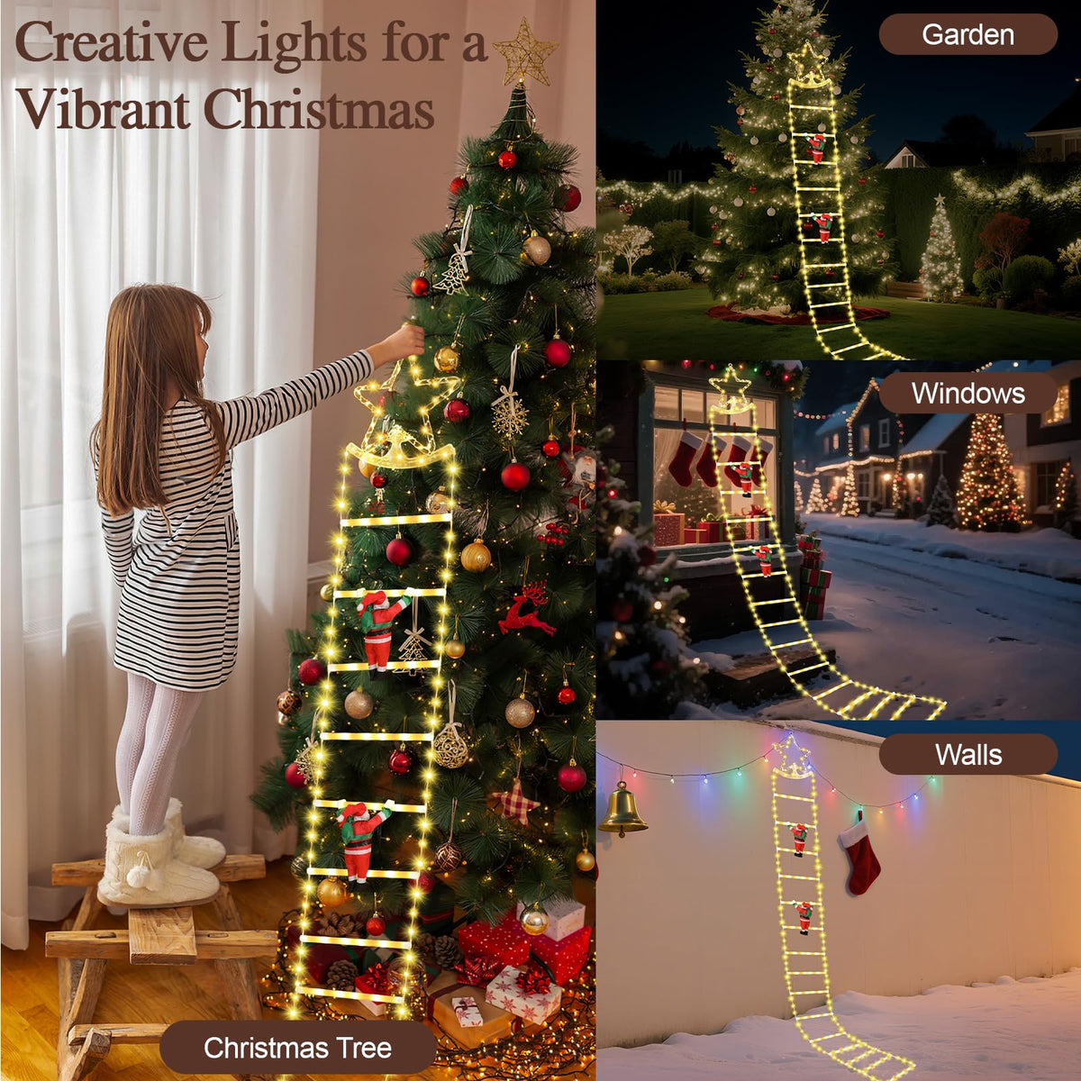 Lewondr 10ft Christmas Ladder Lights with 2 Santa Ladder Climbing, Colorful