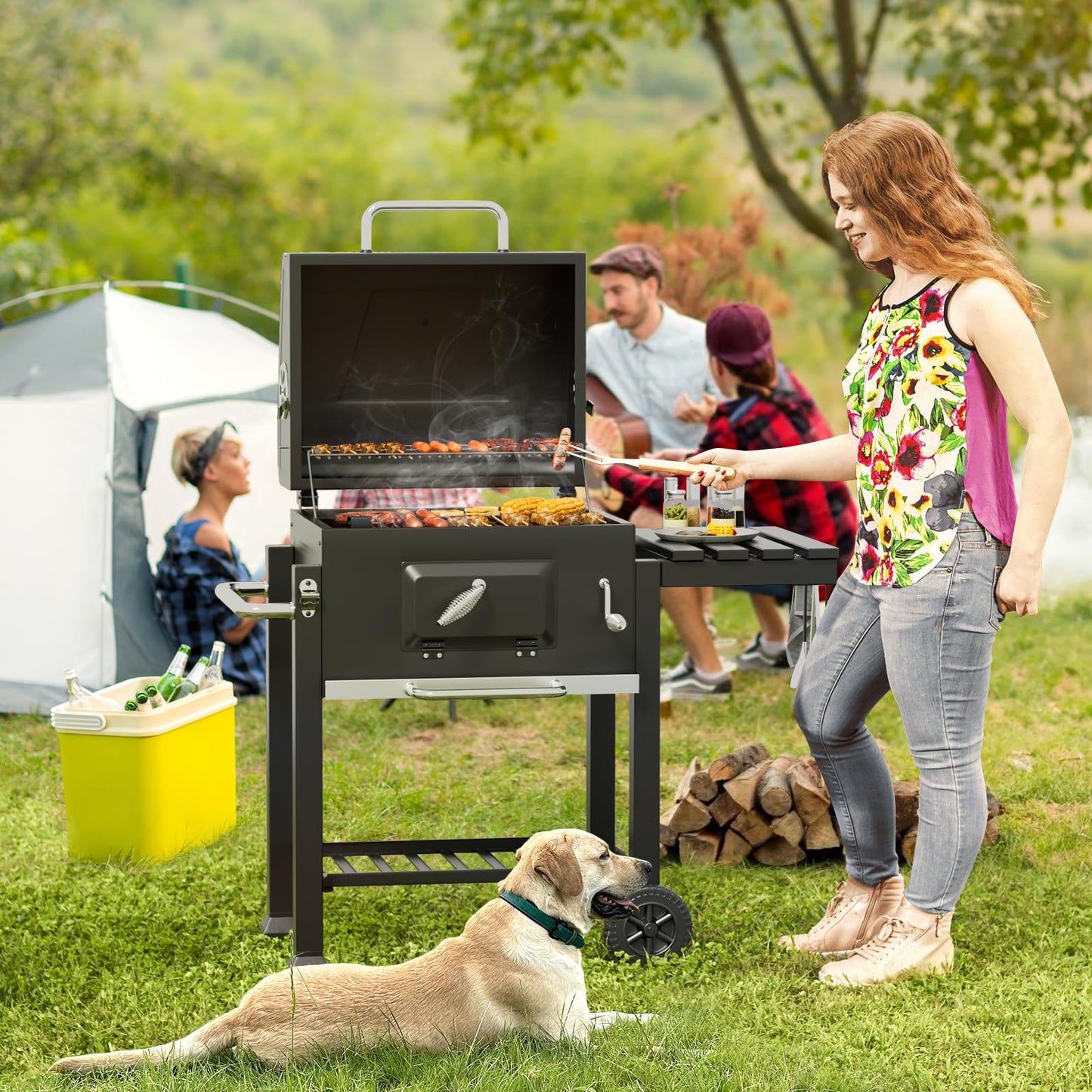 XXXL Smoker Charcoal BBQ, Portable Barbecue Grill with Wheel & 2 Folding Table, Thermometer & Adjustable Charcoal Pan, Large Outdoor BBQ Grill Smoker for Patio Home Garden Cooking