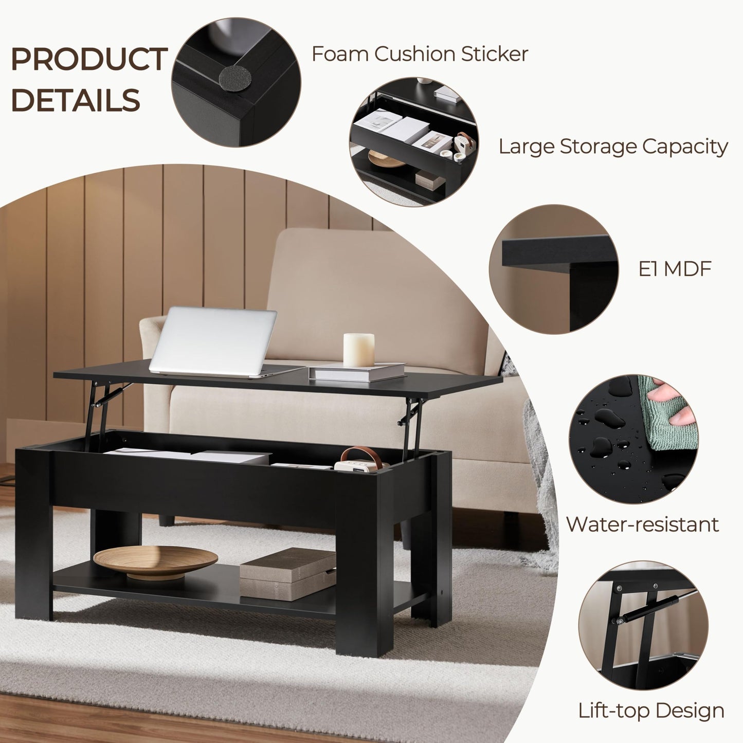 Yaheetech Lift Up Coffee Table, Wooden Lifting Coffee Table with Hidden Storage Drawer and Open Shelf, Space-saving Tea Tables for Living Room/Reception, Espresso