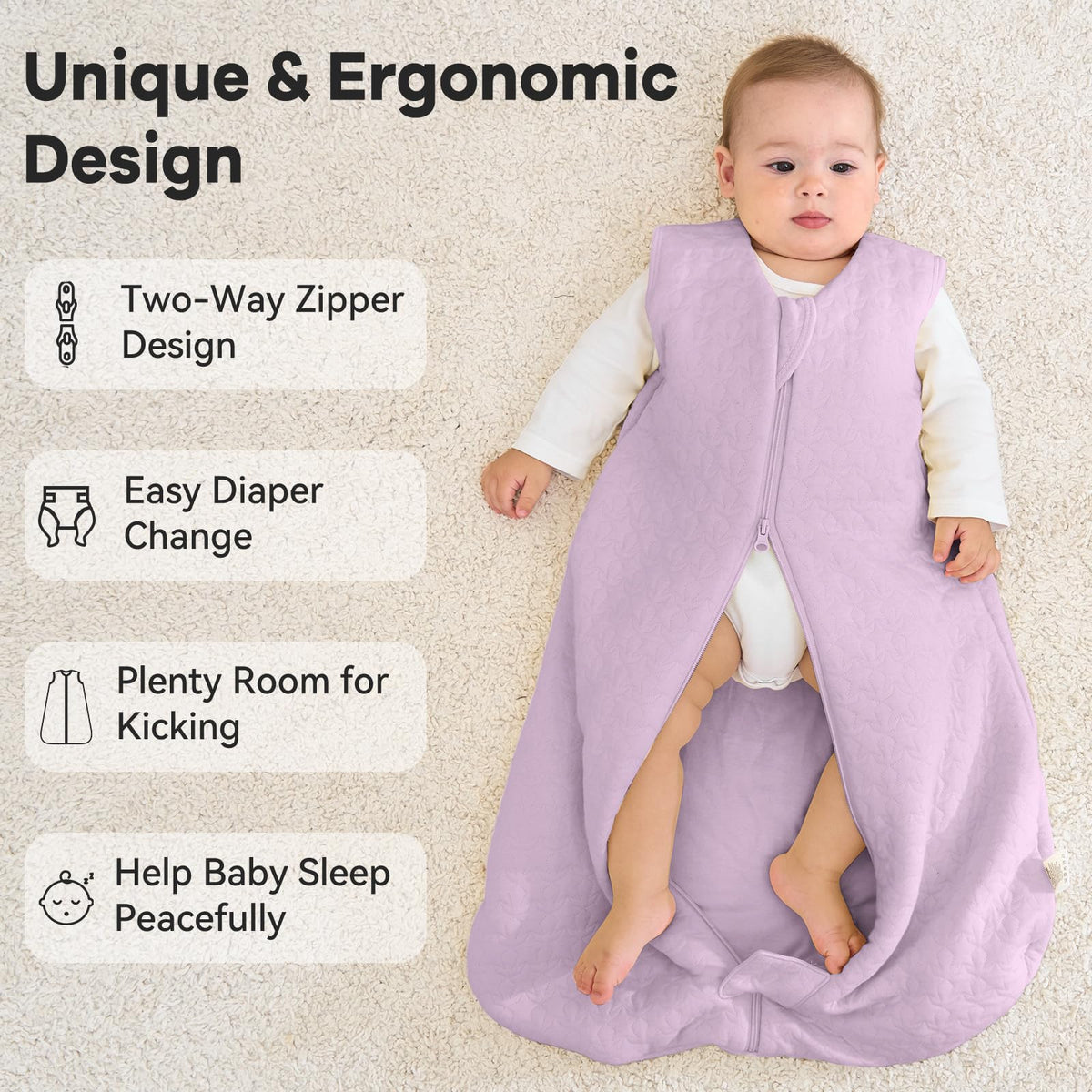 Unnivoll Baby Sleeping Bag 2.5 Tog 0-6 Months 100% Cotton Winter Sleeping Bag Baby 2-Way Zipper Quilted Sleep Sack for Newbron Infant Warm Soft Apricot
