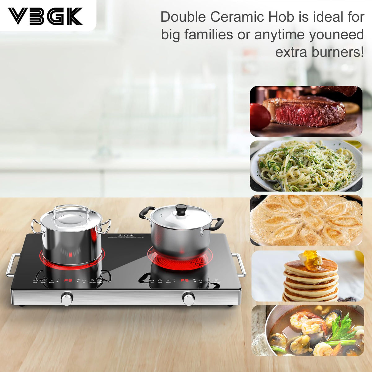 VBGK 2 Ring Electric Hob with Knob, 220V 3000W Double Ceramic Hob, 9 Power Levels, Kids Lock & Timer, Hot Surface Indicator, Overheat Protection, Knob and Touch Control Double Electric Hob