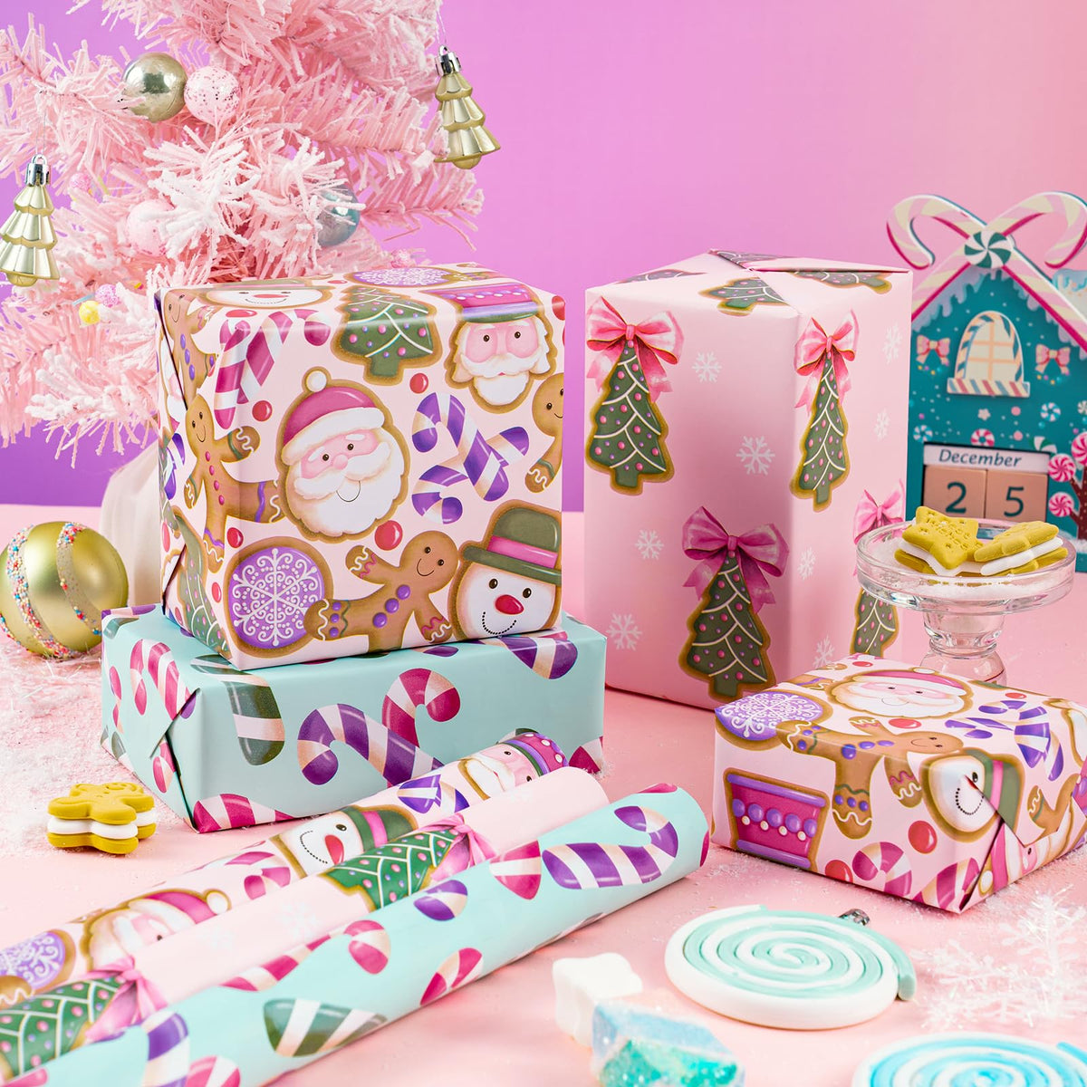 RUSPEPA Christmas Wrapping Paper Roll - Mini Roll - 3 Rolls - 43.2cm x 3m Per Roll - Bird, Christmas Garland, Holly and Pinecones Holiday Design with Metallic Foil Shine