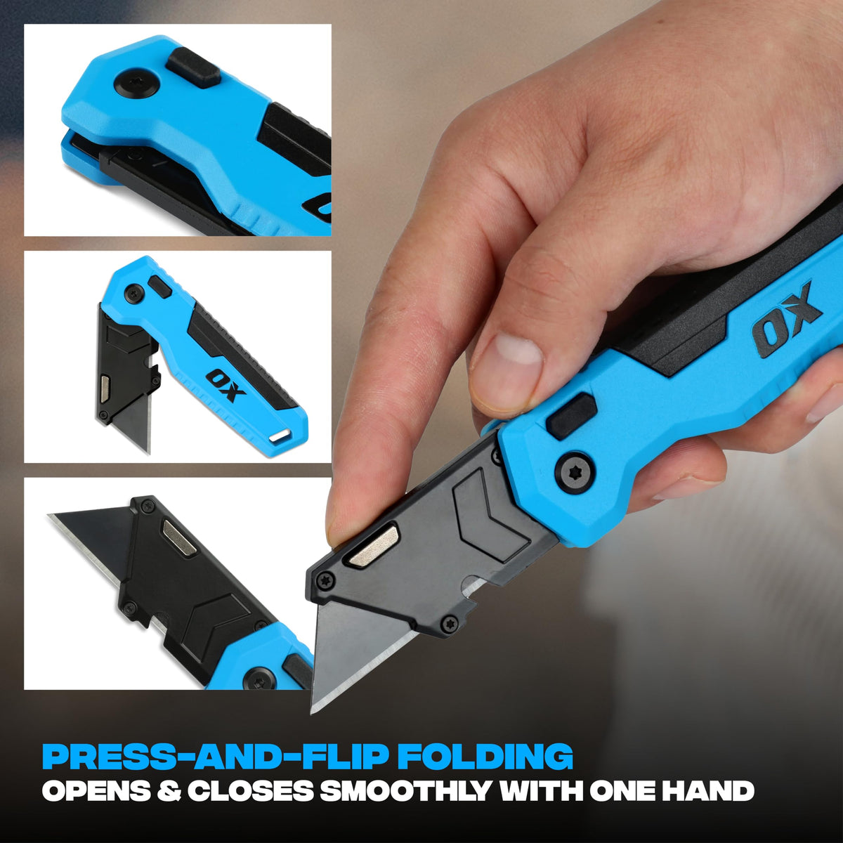OX TOOLS P224301 Pro Heavy Duty Fixed Blade Folding Knife, Blue / Black