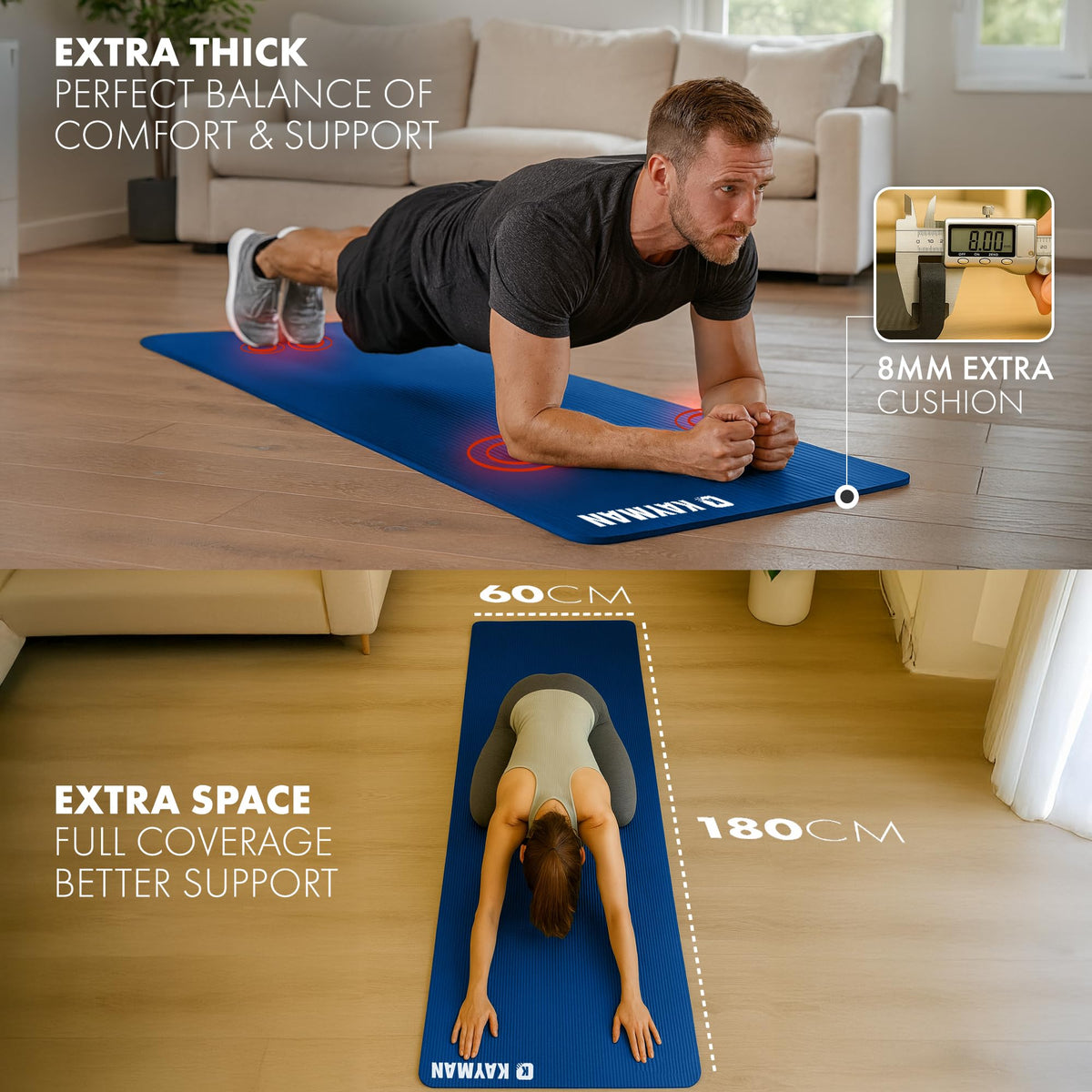 KAYMAN Yoga Mat - Non-Slip Extra Thick 8mm NBR Foam, Exercise Mat, 180x60cm