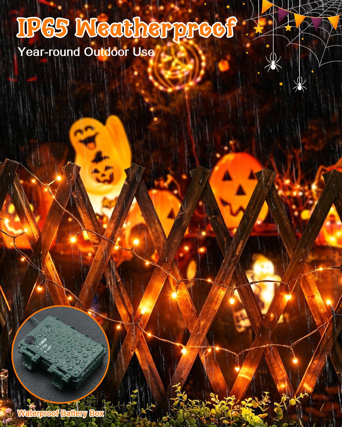 Dalugo Halloween Decoration Lights, 5M 50 LED Orange Purple White Fairy Lights with Timer, IP65 Waterproof Battery Powered Lights for Indoor Outdoor Autumn Halloween Decorations(Green Wire)
