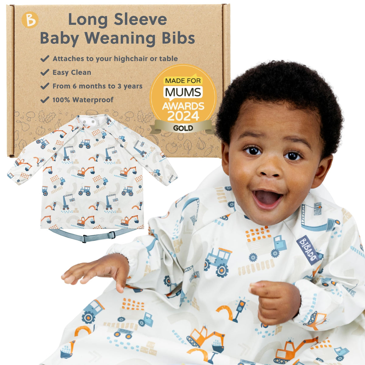 BIBaDO Long Sleeve Baby Bibs - Coverall Weaning Bib with Highchair Strap
