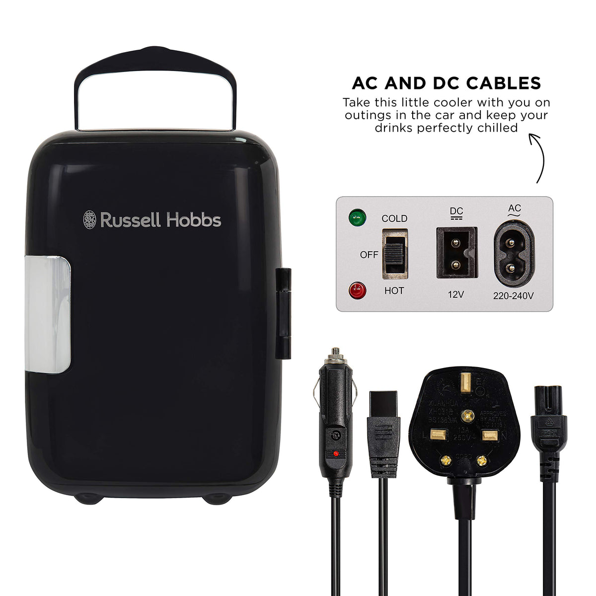 Russell Hobbs RH4CLR1001 4L/6 Can Portable Mini Cooler & Warmer for Drinks, Cosmetics/Makeup/Skincare, AC/DC Power, Retro Style, White, For Bedroom, Home, Caravan, Car