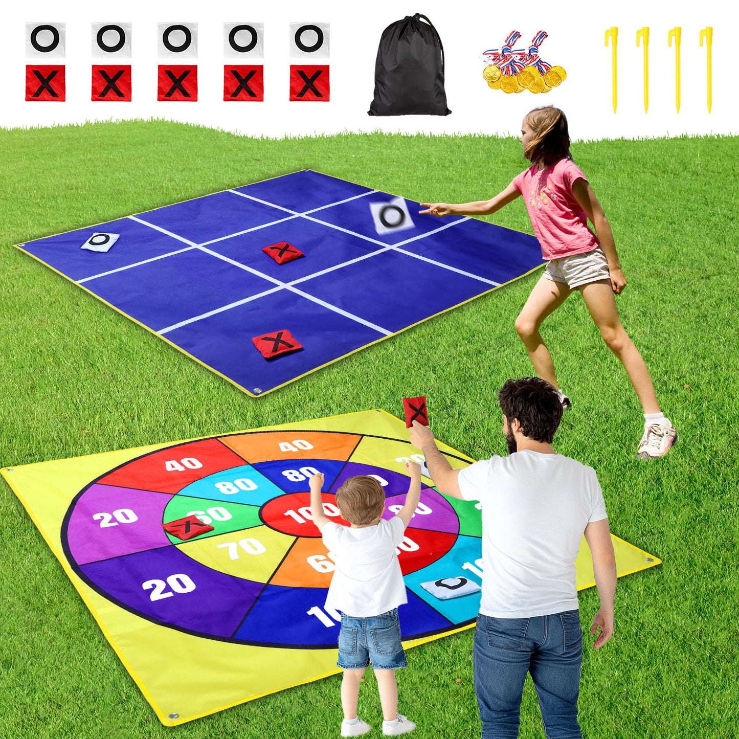 2-in-1 Giant Tic Tac Toe & Bean Bag Toss Game for Kids Adults Family Fun Outdoor Garden Game 4.5Ft Double-Sided Large Sports Day Kit for Lawn Backyard Carnival Field Day Picnic Camping Birthday Party