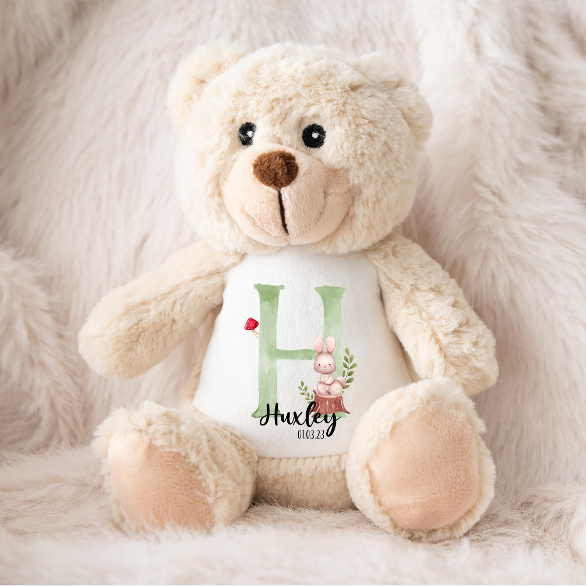 Crafted Memories - Personalised Teddy | Velveteen Bunny Soft Toy | Customisable Name for Newborns | Keepsake for Boys & Girls | Baby Shower Item | Pink Initial | Grey or White, 20-23cm