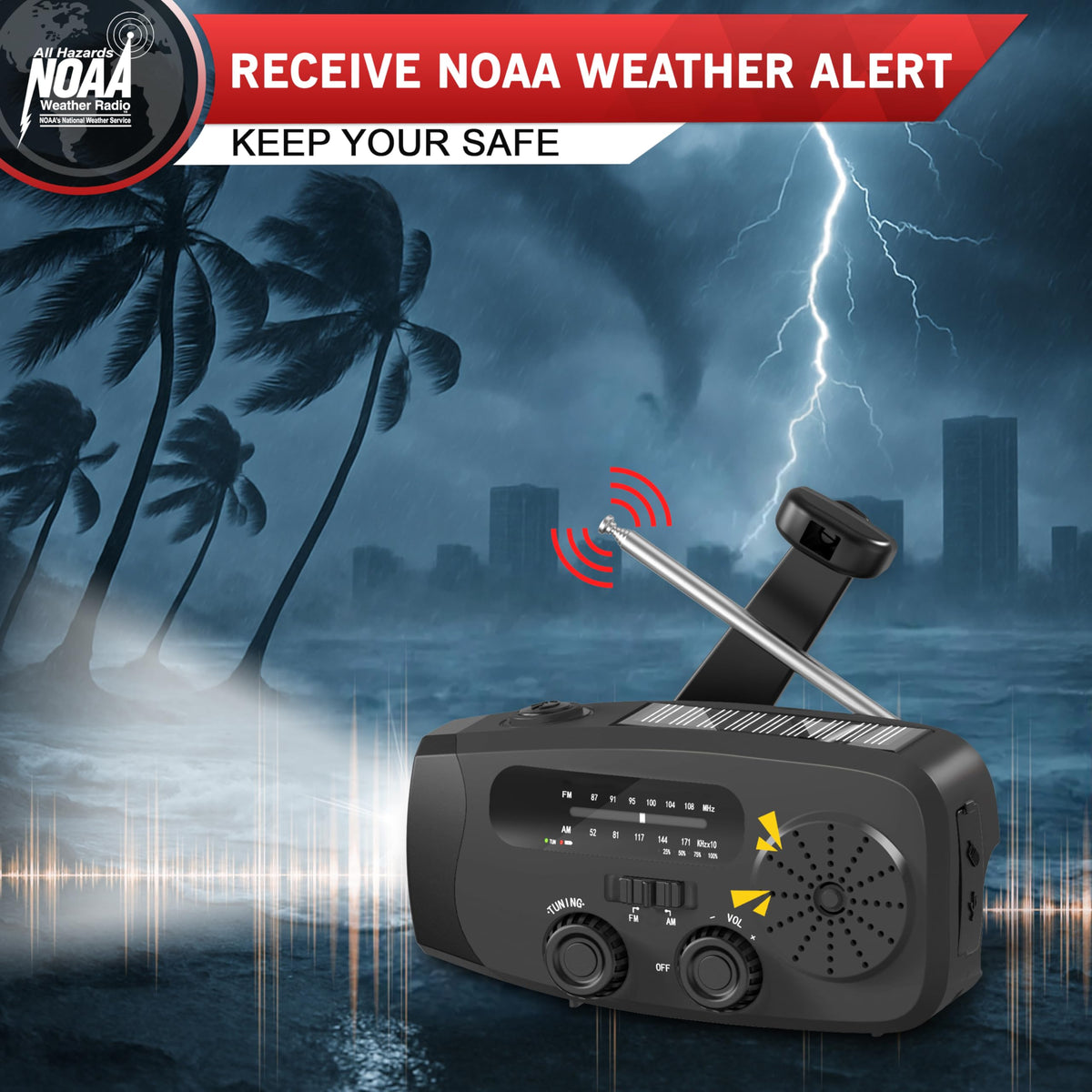 Wind Up Solar Radio, 7400mWh (2000mAh) Solar Powered Radio Emergency Hand Crank Radio with 3 Built-in Cables, Battery Operated, SOS Alarm & Flashlight, Emergency wind up torch for Hurricane, Emergency