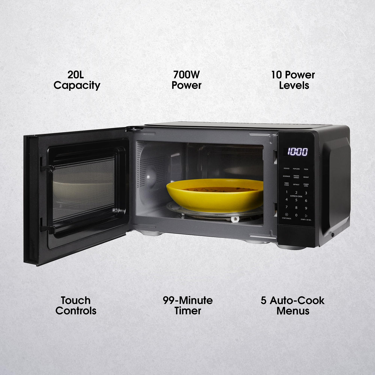 Abode Touch Control Microwave 20 Litre Black Digital 700W with Clock & Timer, 5 Auto Cook Settings & Defrost, 10 Power Levels AMT2012B (Touch Control, Silver)