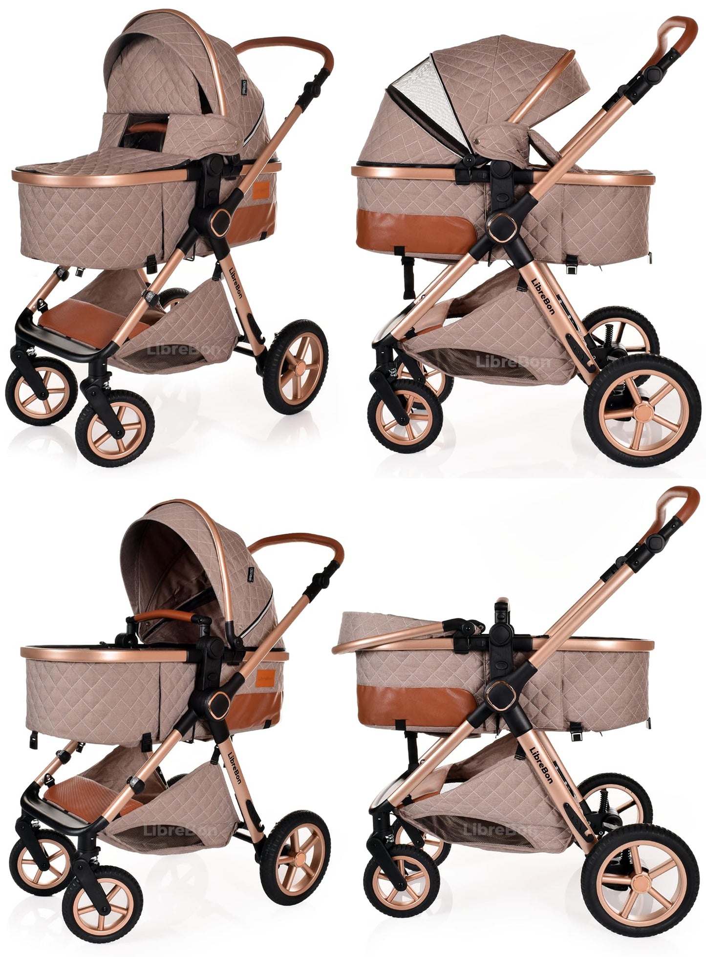 Baby Buggy Pram Pushchair Stroller 3 in 1 Child Lightweight Folding Stroller 3 in 1 Travel System Pram for Newborns & Toddlers from Birth Aluminum (Beige - Rose Gold Frame)