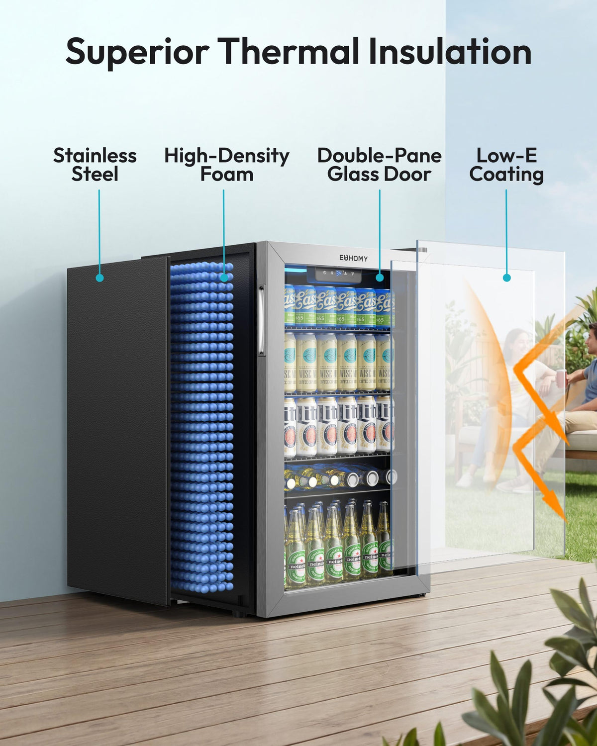 EUHOMY 93L Drinks Fridge, 126 Can Beer Fridge with Glass Door, Wine fridge with Adjustable Shelves for Soda Beer or Wine, Home/Bar/Office, Black, Steel, One-Touch Control [Energy Class F]