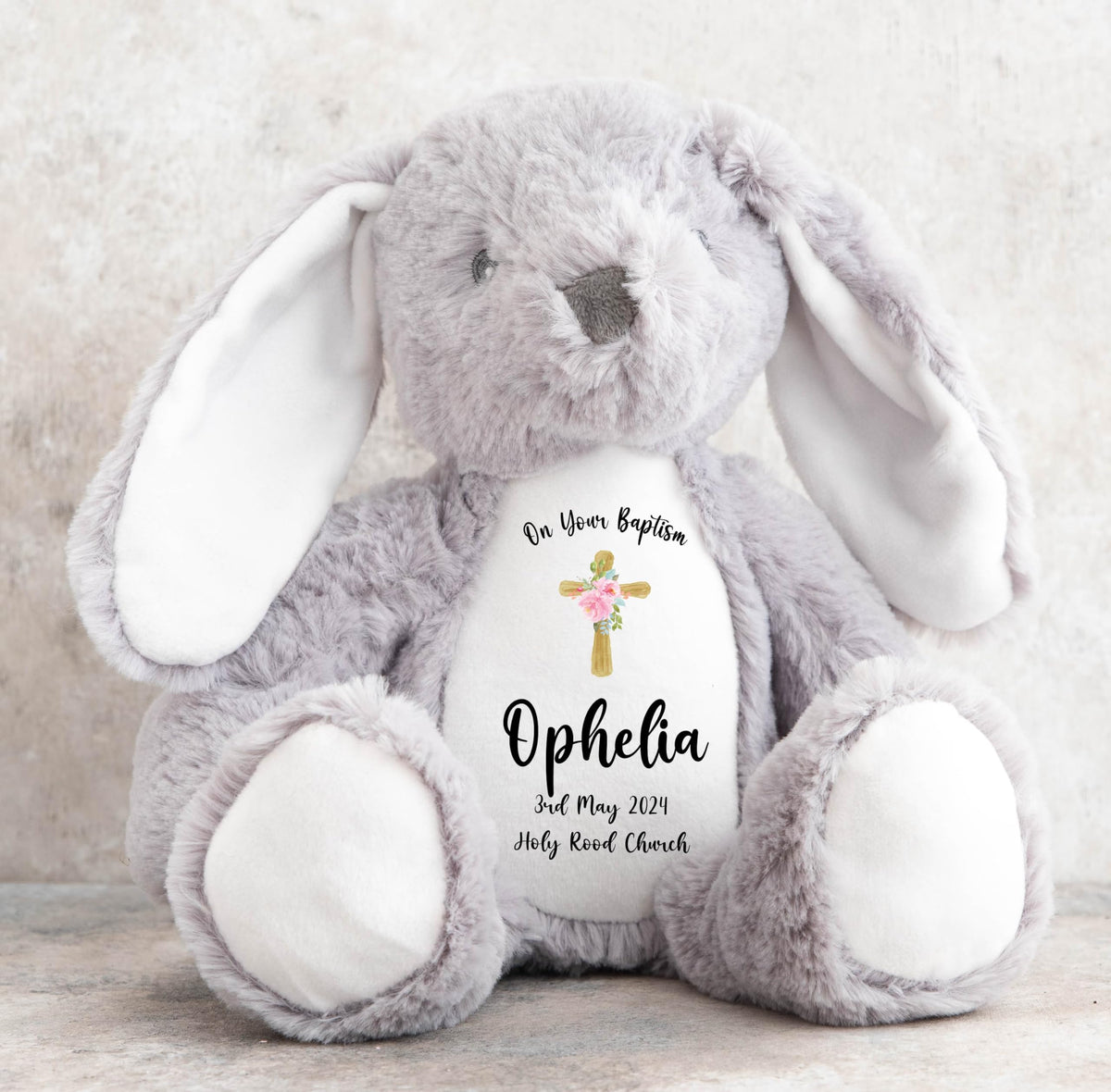 Crafted Memories - Personalised Bunny Rabbit | Custom Name & Date | Christening & Baptism Keepsake | Baby Girl & Boy | Soft Grey, White | Ideal 1st Birthday Present