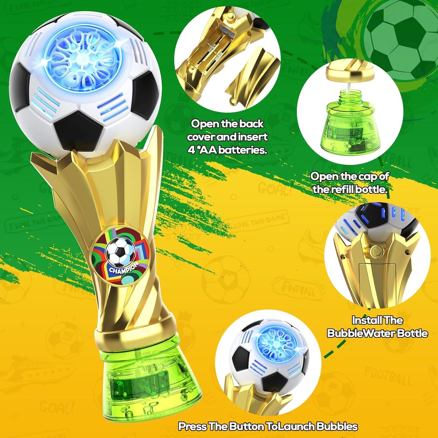 Football Bubble Machine for Kids, Bubble Maker Light Up Automatic Bubble Blower with 2 ×115ml Bubble Solution, Outdoor Indoor Party Garden Wedding Bubble Blaster Gifts for Boys Girls