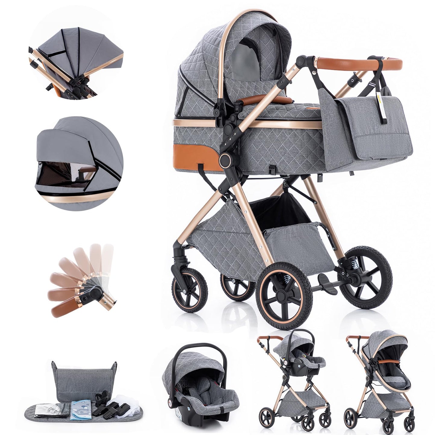 Gcarebb 3 in 1 Prams Travel System, Pushchair with Height Adjustable Handle, Travel Pram with Rain Cover, Baby Stroller with Aluminum Frame for Newborn