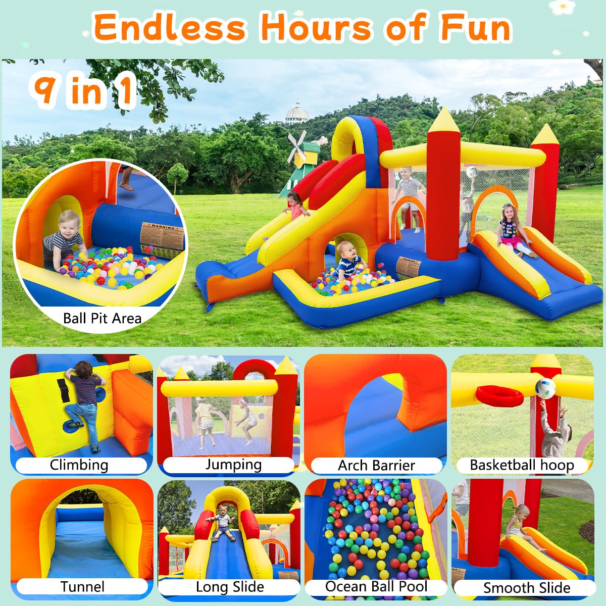 Baralir 7-in-1 Kids Inflatable Bouncy Castle with Blower — 371x351x188cm | Ages 3-10