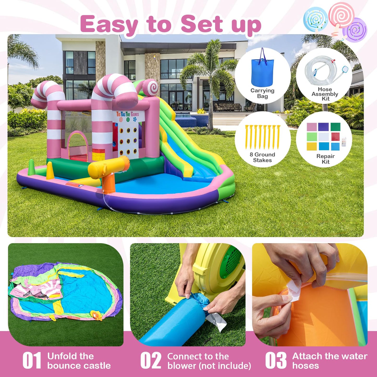 COSTWAY Kids Inflatable Water Park with Slide, Climbing Wall, Water Cannon, Splashing Pool, Blow up Bouncy Castle House for Summer Outdoor Play (with 50 Ocean Balls)