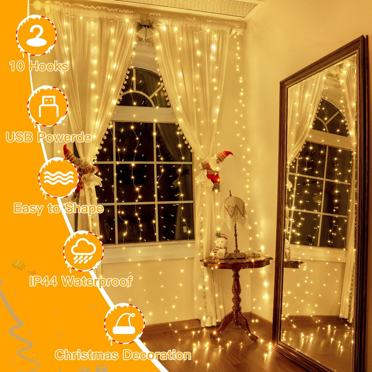 Ollny Curtain Fairy Lights, 300LED 3mx3m Waterfall Hanging String Lights