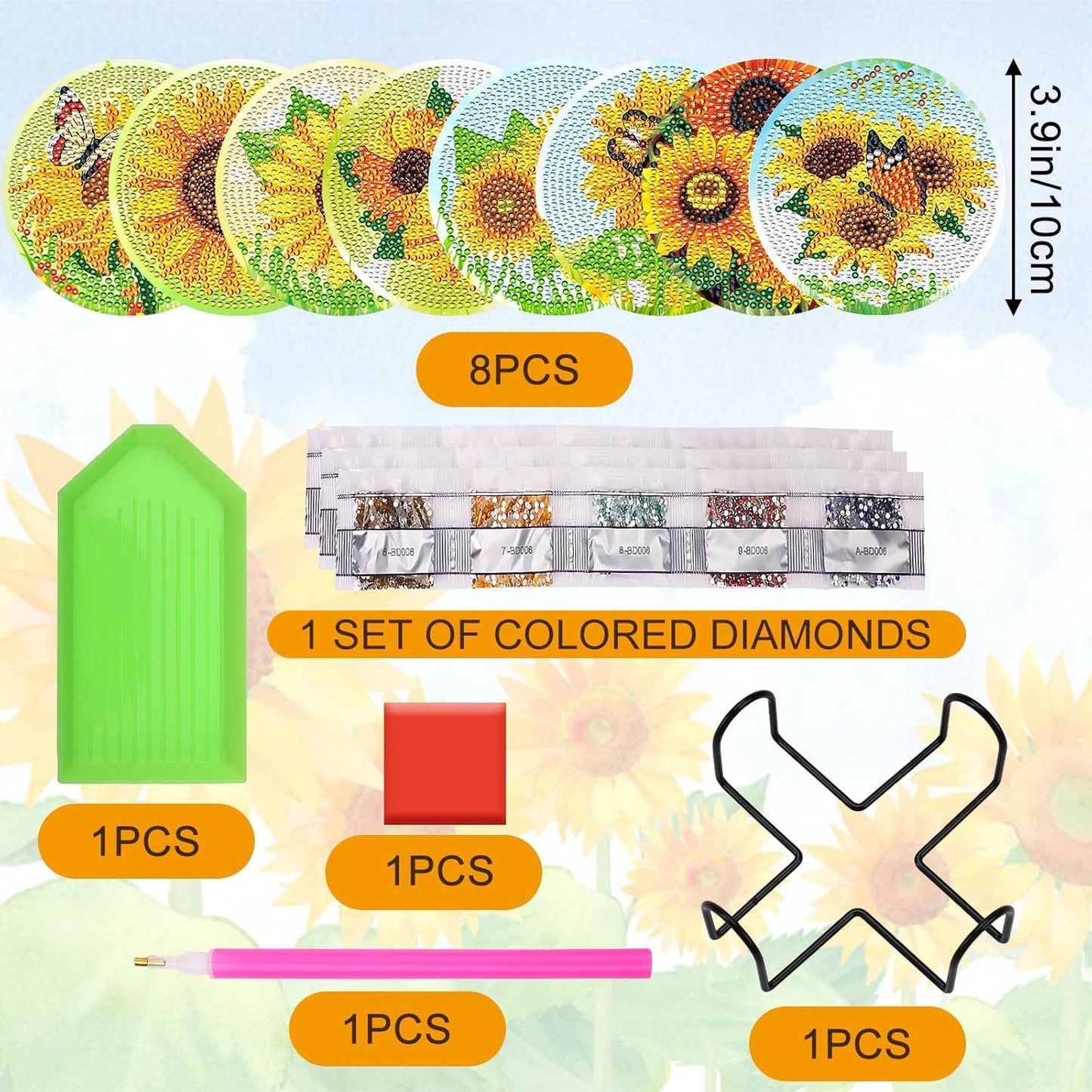 8 Pcs Flowers Diamond Art Coasters Kits for Adults Begainners,Full Drill Diamond Painting Coasters Kit with Holder,DIY Gem Painting Craft Kits for Adults Supplies Gift (Flowers).