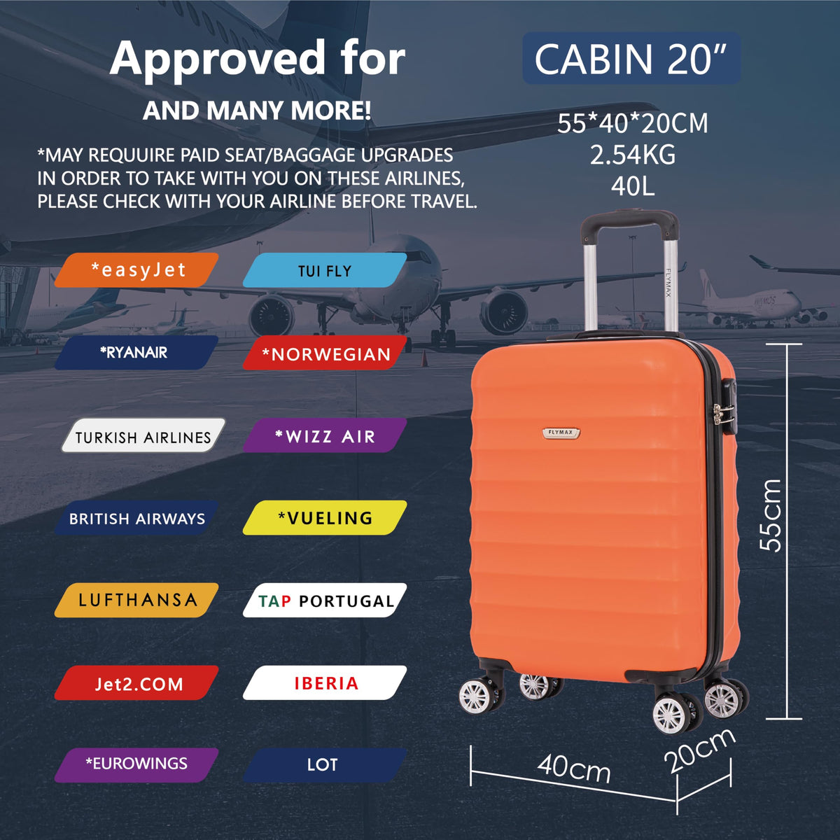 FLYMAX 55x40x20 Ryanair Cabin Bag Hand Luggage Lightweight Suitcase Approved Carry on Luggage Case 2.5KG 40L Royal