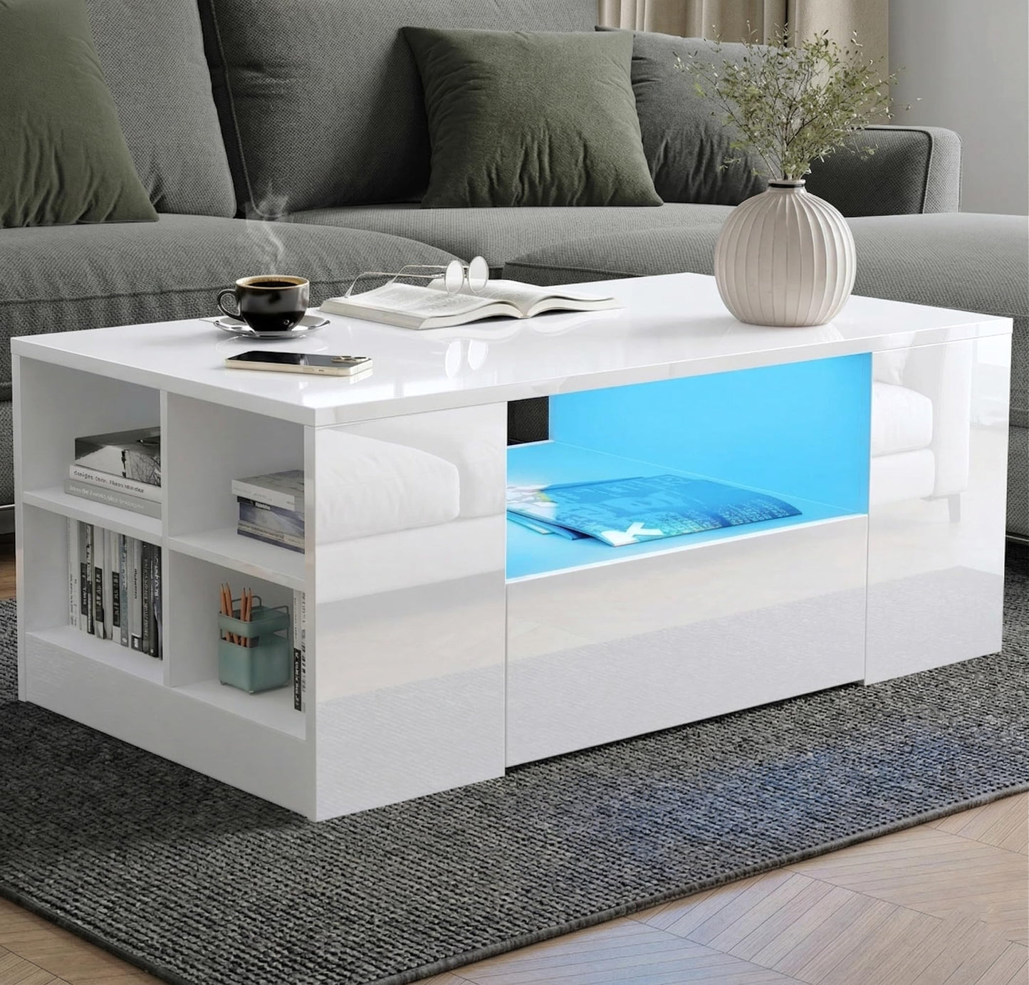 Blisswood Led Coffee Table with 2 Drawer Storage, High Gloss Coffee Table for Living Room Wooden Centre Table with RGB Led Lights Rectangle Tea Table for Living Room Furniture, Black