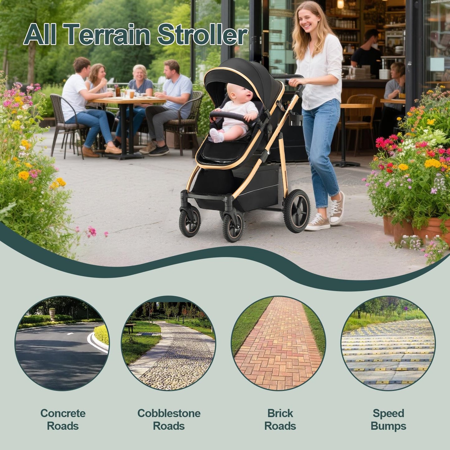 Baby Stroller 3 in 1,Travel Pushchair's Lie-Flat Pram is Foldable, Stroller System Handle is Adjustable, The Wheels are Made of PU Material, Suitable for 0-3 Years-Khaki