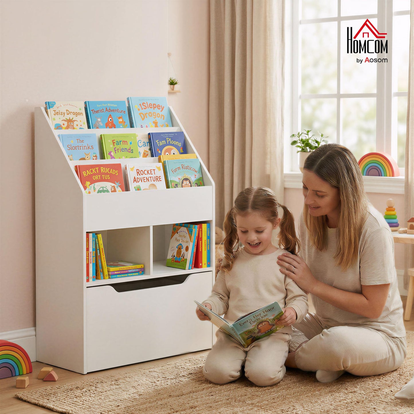 HOMCOM Kids Bookshelf with Moveable Drawer, Montessori-Inspired Children's Bookcase with Wheels, Toy Organiser for Bedroom, Playroom - White