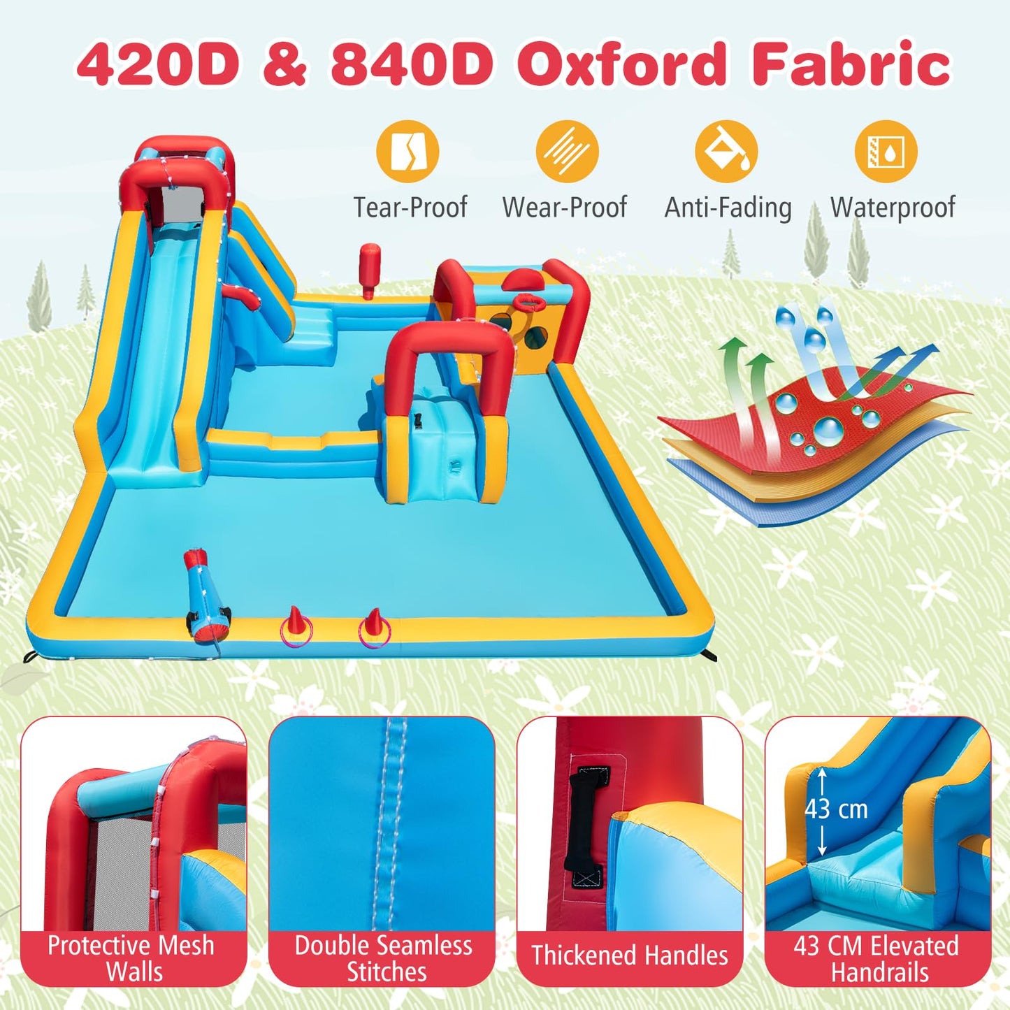 COSTWAY Inflatable Water Park, 9 in 1 Giant Kids Bouncy Castle with Double Slides, Climbing Wall, Splash Pools, Water Cannon, Outdoor Blow Up Bounce House for 3-12 Years Old (without blower)