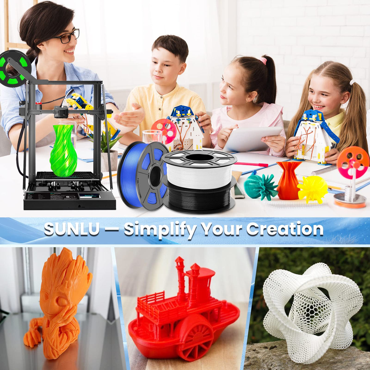 SUNLU Rapid PETG 3D Filament 1.75mm, High Speed 30-600mm/s, 1KG Blue