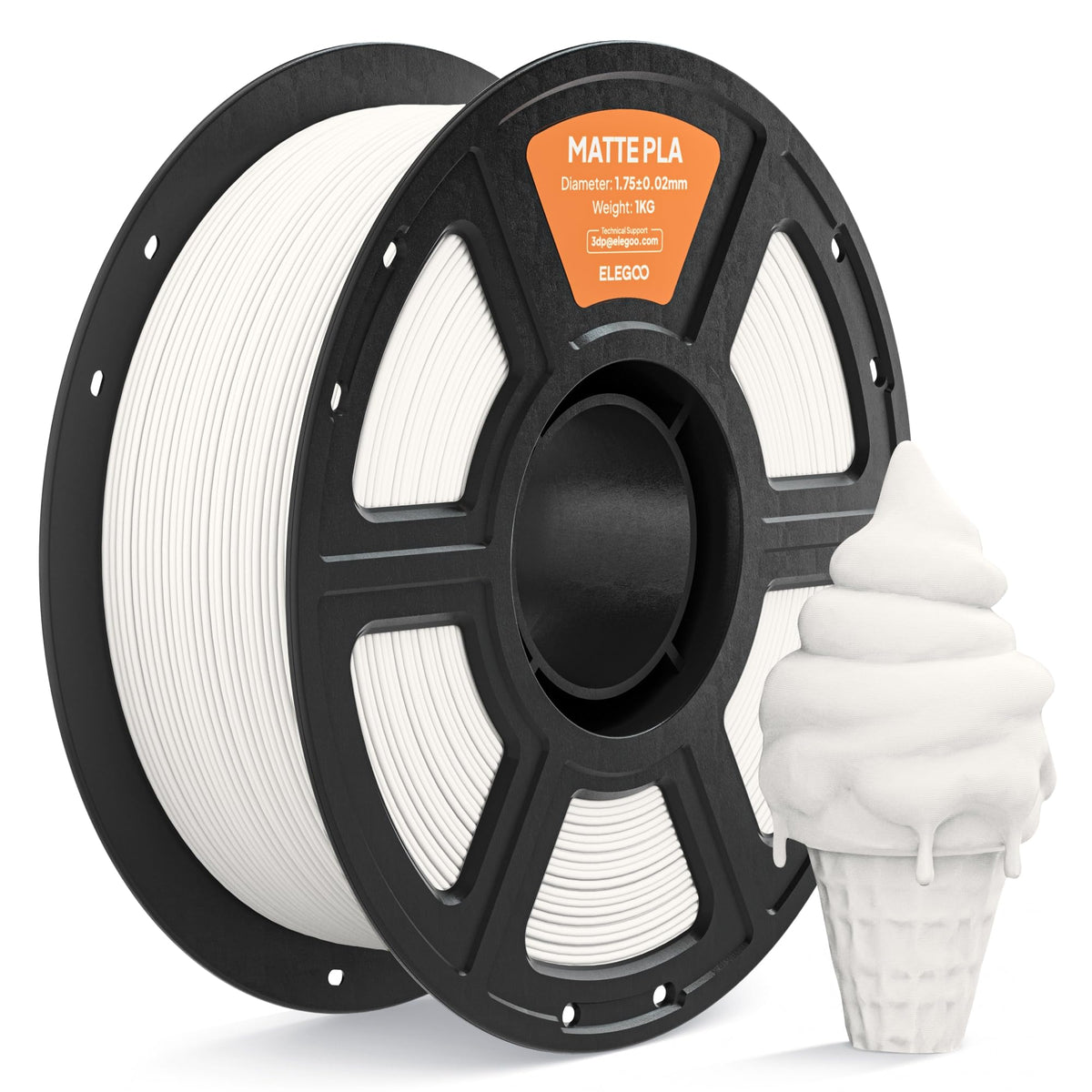 ELEGOO Matte PLA 3D Printer Filament 1.75mm White 2KG, Matte Finish