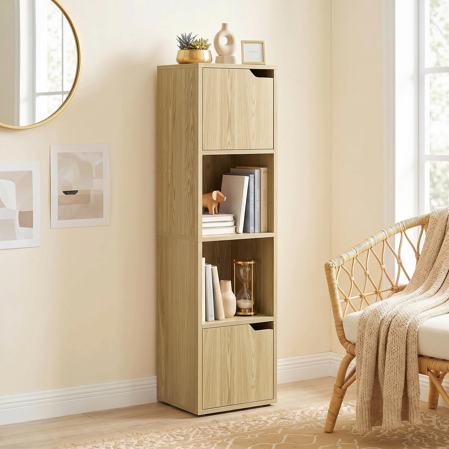 HOMCOM Bookcase with 2 Cabinets and Doors, 4-Tier Bookshelf, Storage Cabinet with Open Shelves and Anti-Tipping Design, for Living Room, Bedroom, Home Office, White