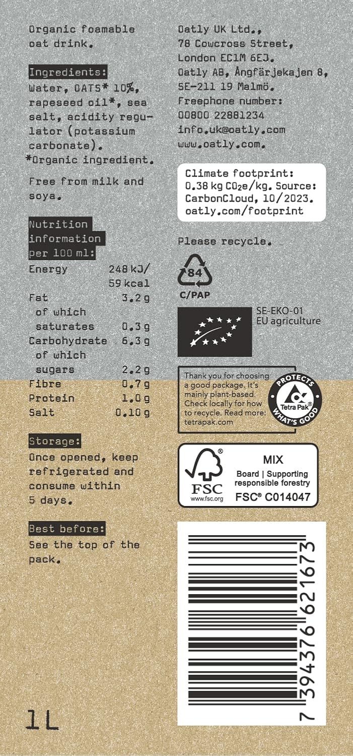 OATLY Organic Barista Oat Drink Long Life 6x1Litre