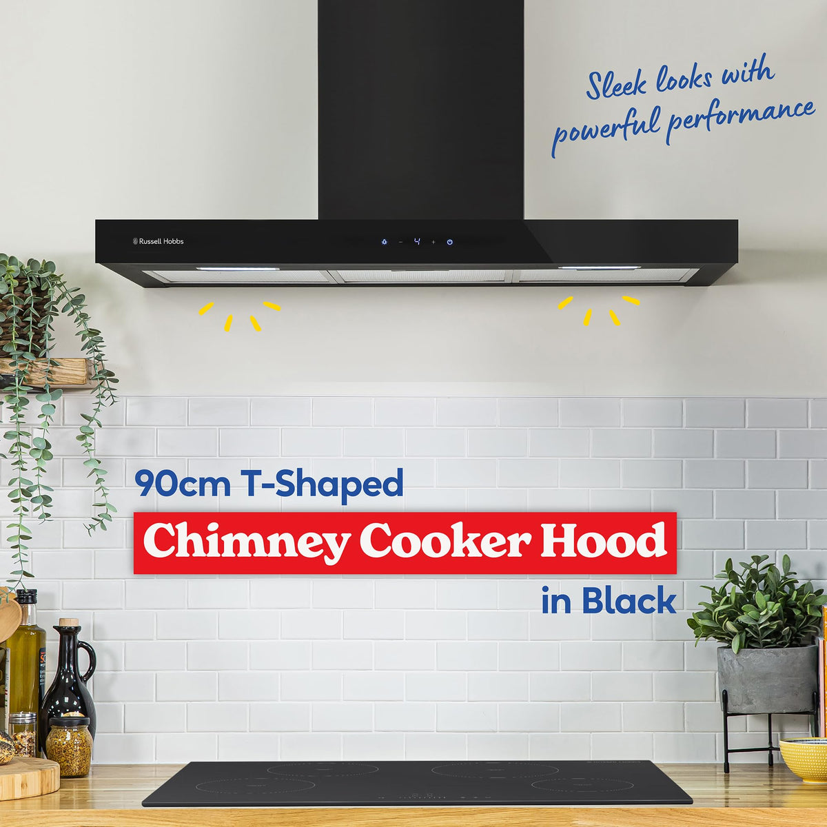 Russell Hobbs 90cm T-Shaped Cooker Hood in Stainless Steel with 3 Speed Settings, 3x Washable Aluminium Filters, Extraction or Recirculation, Boost Function, LED Lights A++ Energy Rating, RHGCH903SS