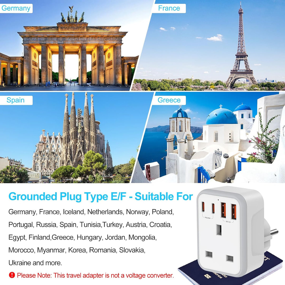 UK to European Travel Plug Adapter Fast Charge PD 20W USB-C QC 3.0