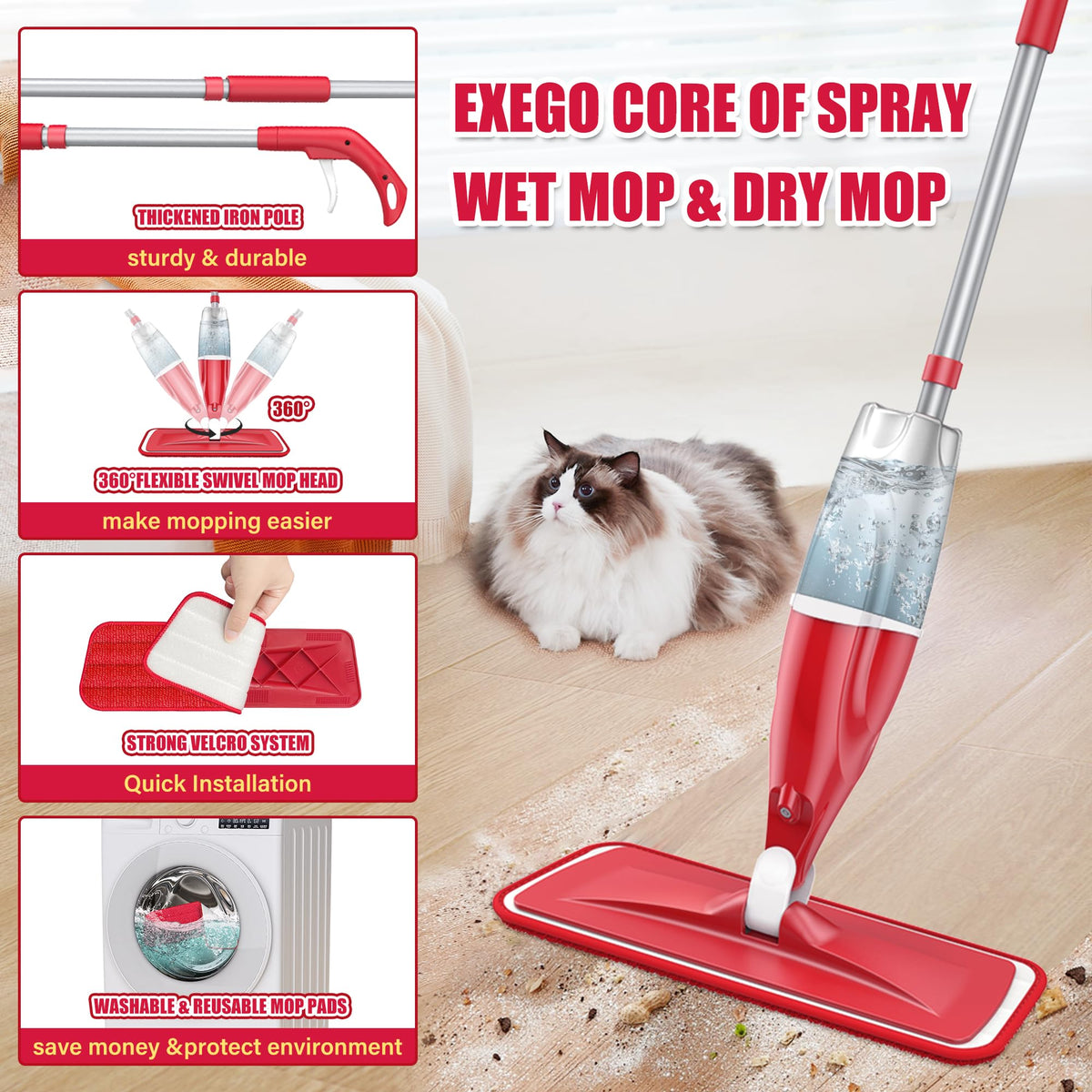 Spray Mops with 3 Washable Pads: Microfibre Floor Mop for Cleaning Floors
