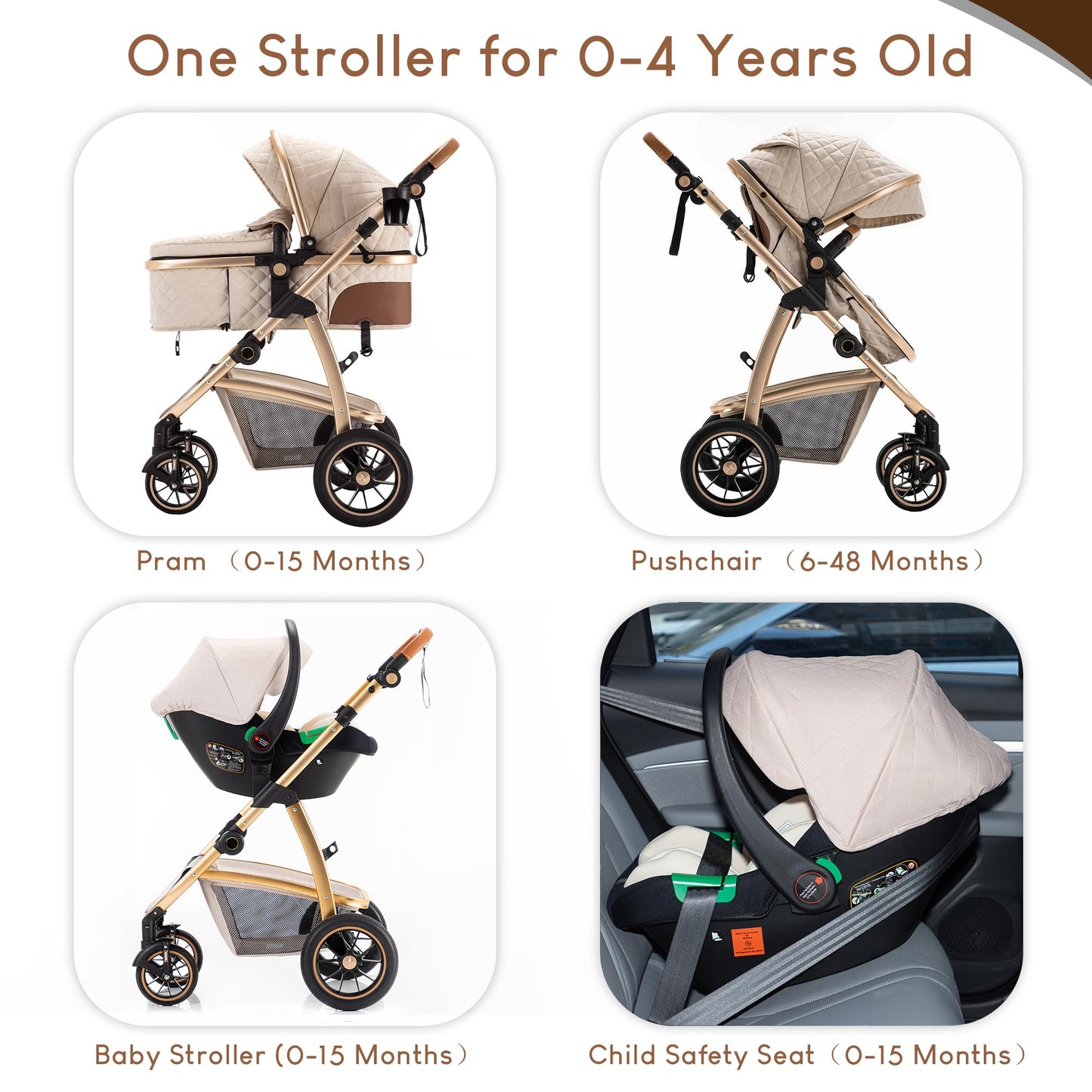 Baby Stroller 3 in 1,Travel Pushchair's Lie-Flat Pram is Foldable, Stroller System Handle is Adjustable, The Wheels are Made of PU Material, Suitable for 0-3 Years-Khaki