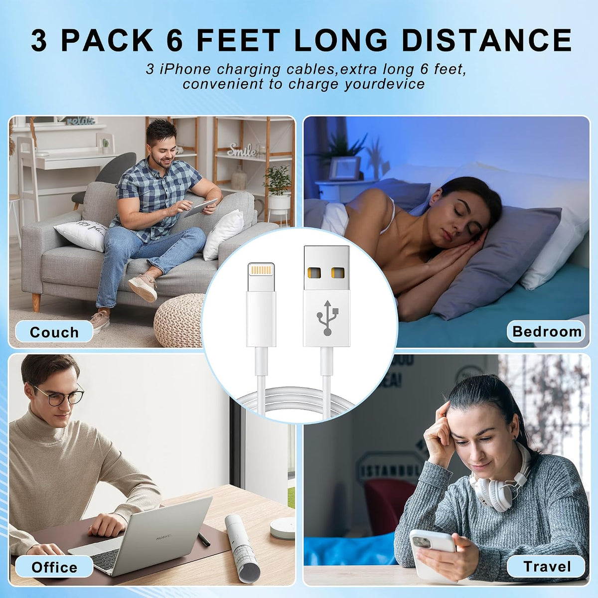 iPhone Charger Cable 3 Pack 1.8M [Apple MFi Certified] Long 6 Feet Lightning Cable Fast Charging Cord High Speed Data Sync USB Cable for iPhone 14 13 12 11 Pro Max XR XS Mini 8 7 Plus