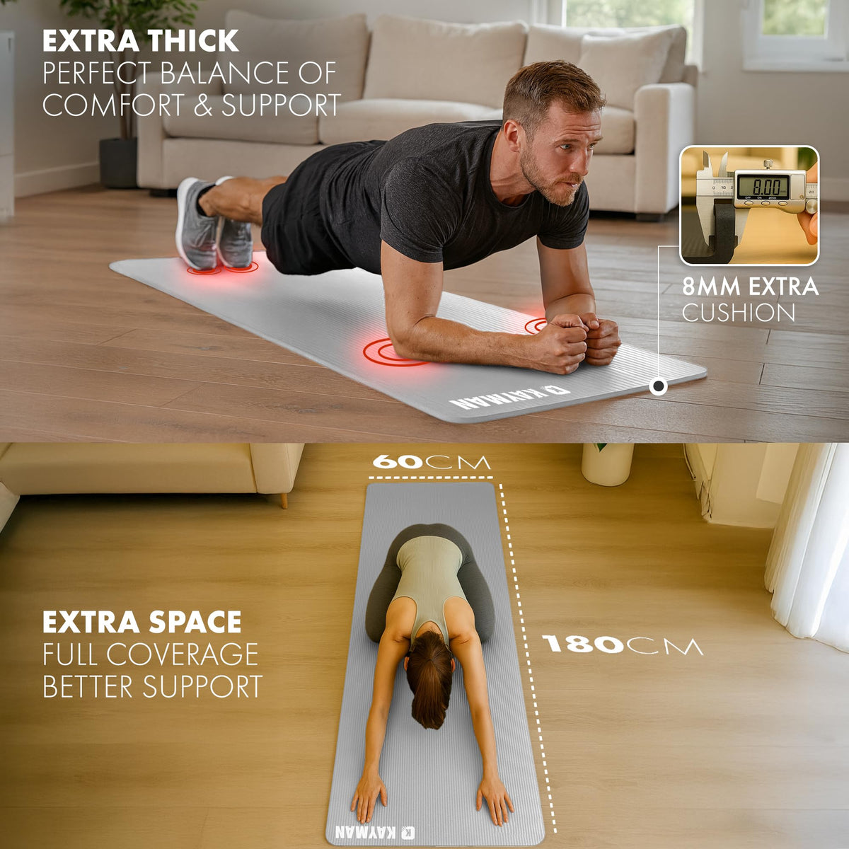 KAYMAN Yoga Mat - Non-Slip Extra Thick 8mm NBR Foam, Exercise Mat, 180x60cm