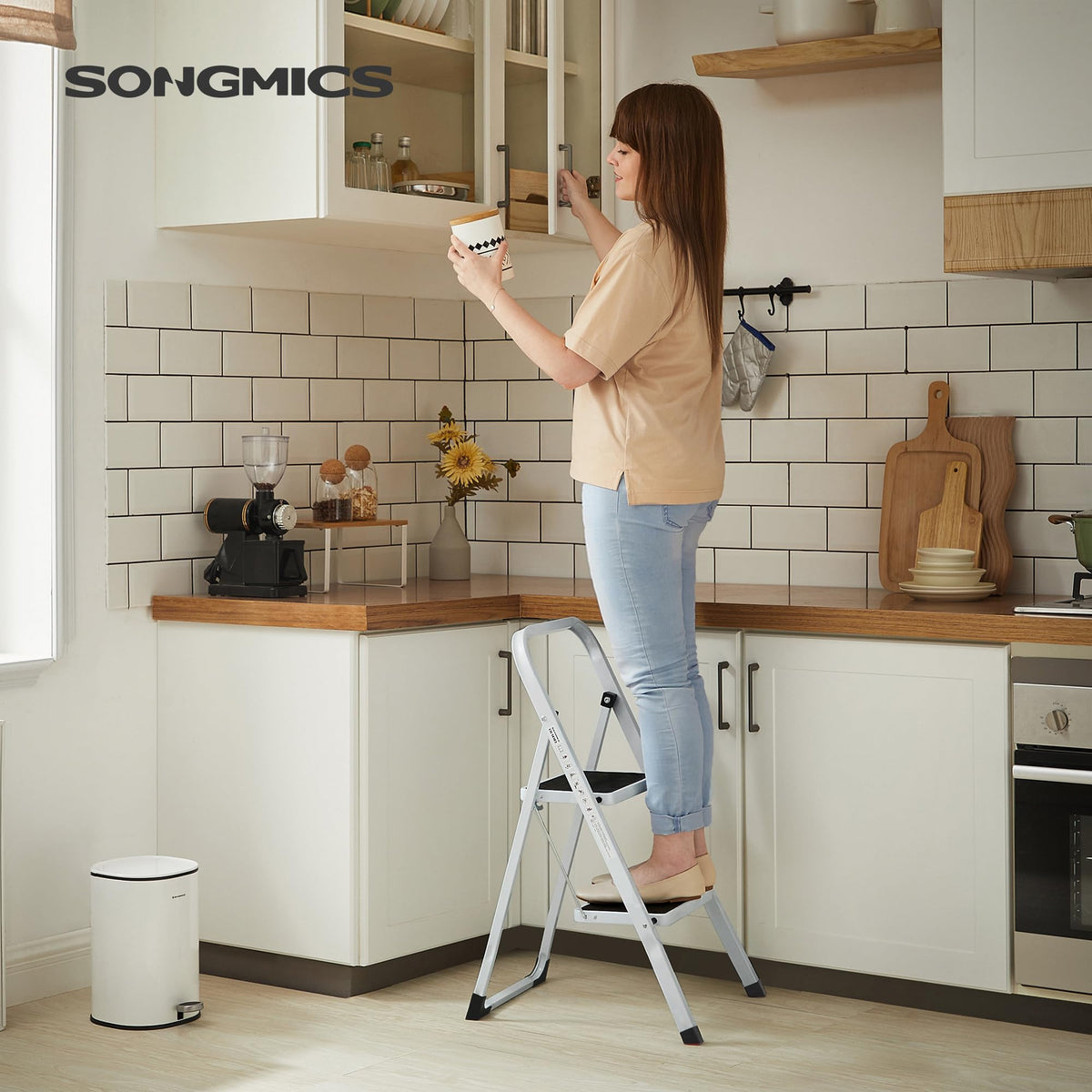 SONGMICS 2-Step Ladder, Folding Step Ladder, Safety, Holds up to 150KG