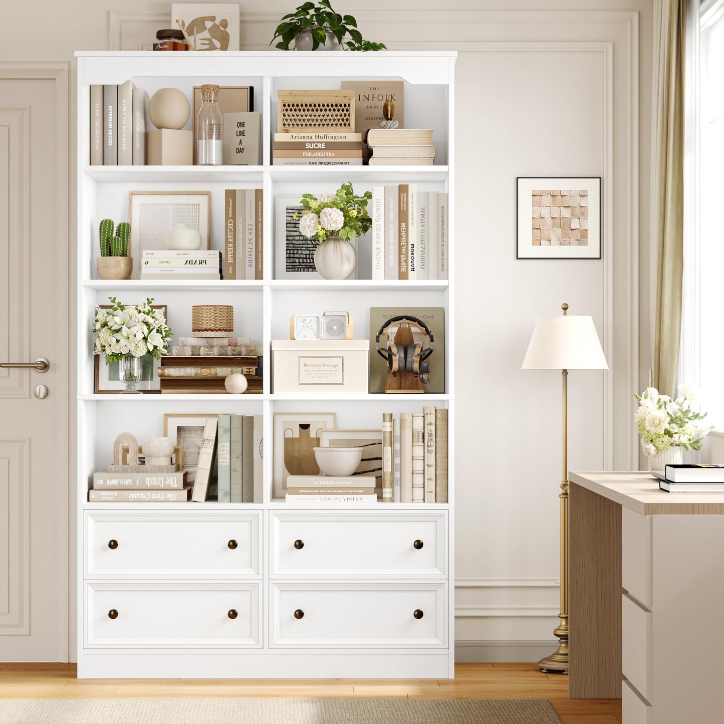 FirFurd Bookcase 180cm Tall Bookshelf with Drawers Living Room Bookcase 8 Open Compartments Free Standing Display Shelf Tall Shelving Unit for Home Office 180x100x30cm White