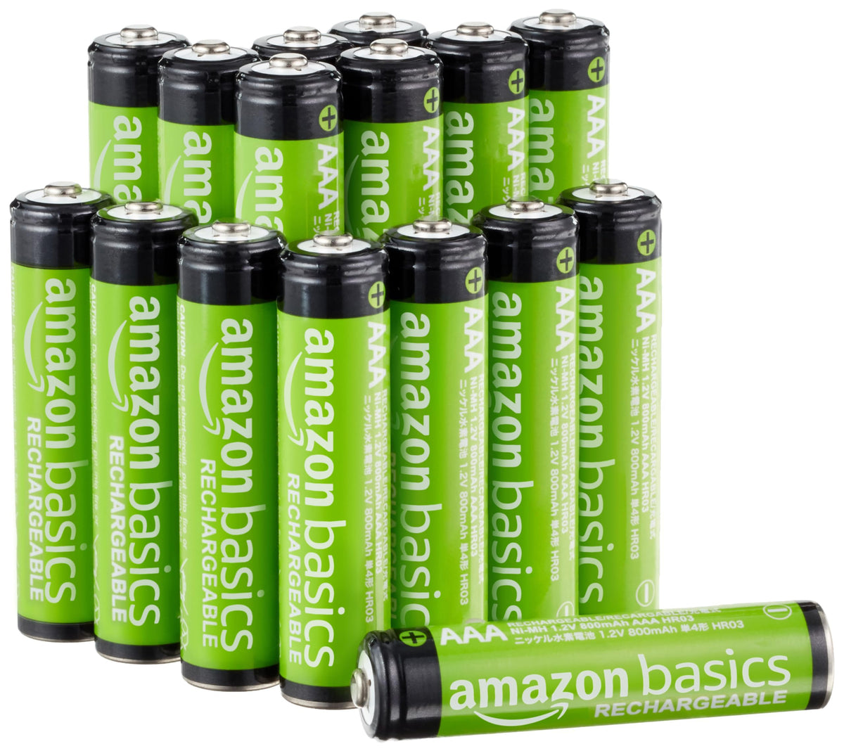 Amazon Basics 12-Pack Rechargeable AAA NiMH Performance Batteries, 800 mAh, 1.2V, Recharge up to 1000x Times, Pre-Charged