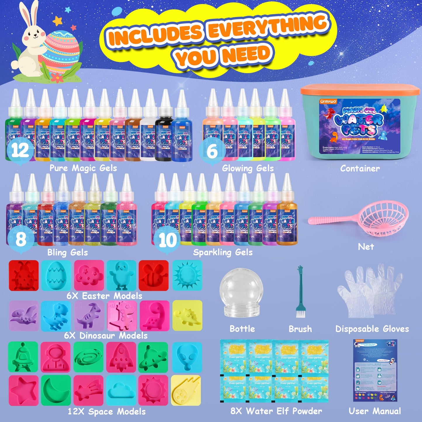 URMYWO Magic Water Elf Toy Kit, DIY 3D Magic Gel Pet Toy Set, 12 Gels & 10 Molds,Easter Gifts Craft & Art Kits for Kids 4 5 6 7 8 9 10 Years Old Mermaid Theme