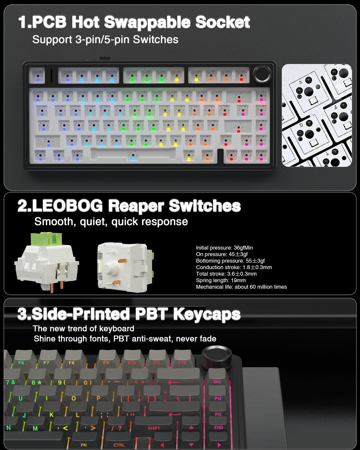 AULA F75 75% Wireless Mechanical Keyboard,2.4Ghz/Type-C/BT5.0 Gaming Keyboards,Advanced Structure,RGB Backlight,Hot Swappable Custom Keyboard for PC/Mac (Cool Black)