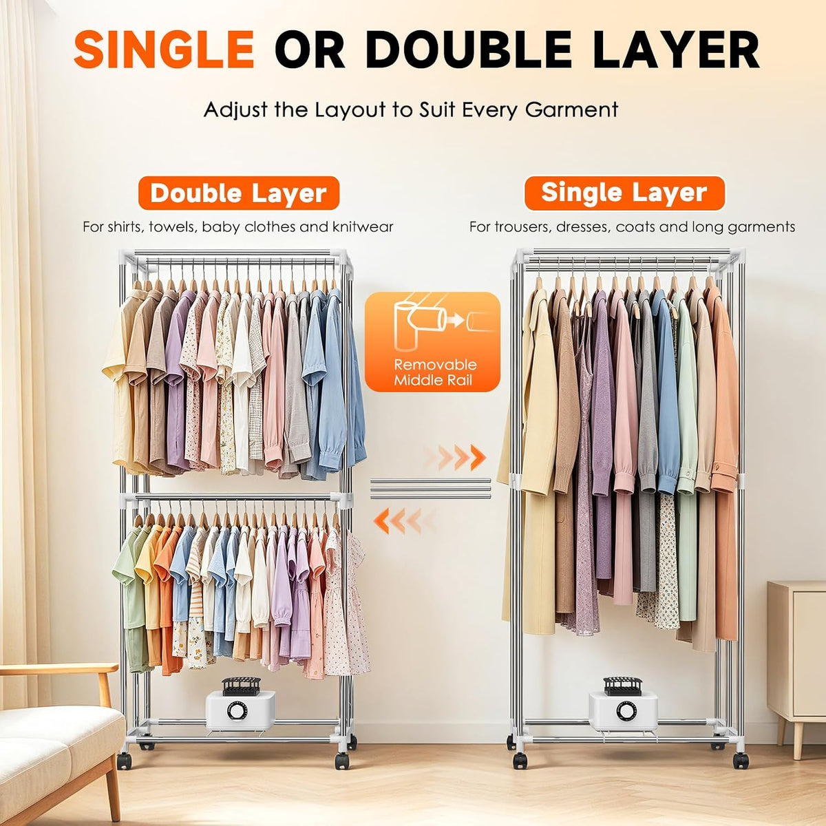 Feenao Heated Clothes Airer with Cover, 30-Min Fast Drying Clothes Dryer, Portable Indoor Laundry Dryer 16kg Large Capacity Double Layer Drying Rack, Lockable Wheels, Compact Dryer for Flats & Homes